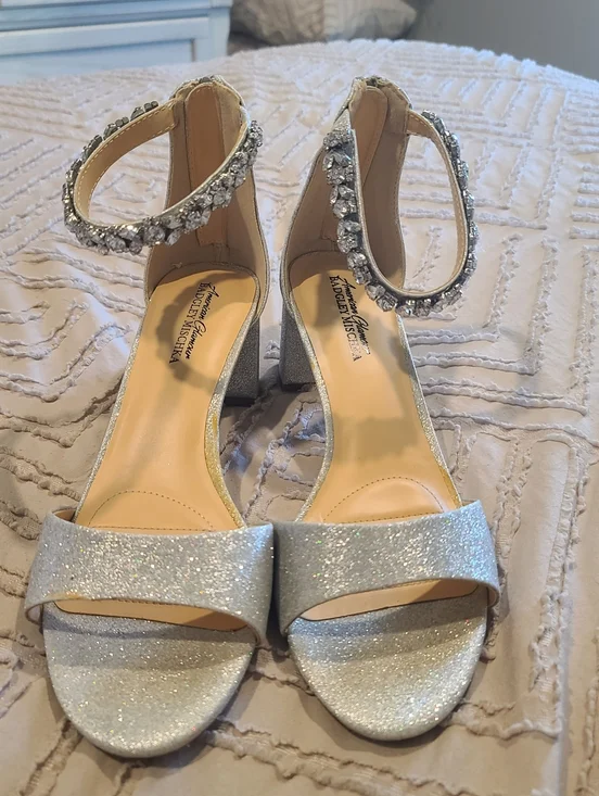 Badgley Mischka Silver Jeweled Ankle-Strap Block Heel - Picture 7 of 9